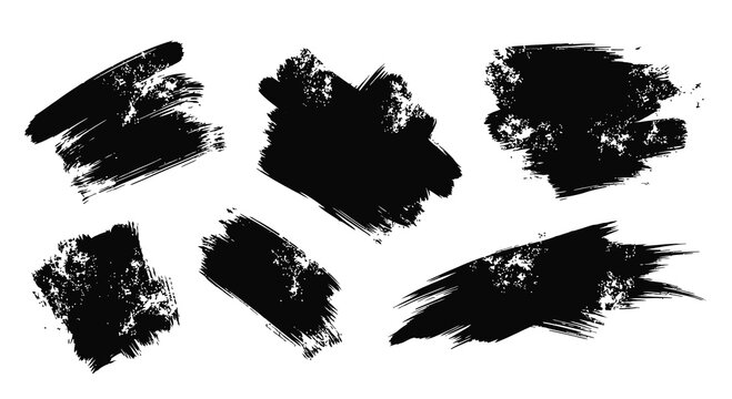 Abstract Black Ink Brush Strokes Collection on White Background.