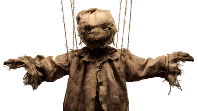 Creepy burlap scarecrow puppet with stitched face and outstretched arms hangs eerily, perfect for Halloween and horror themes