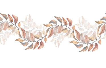 Autumn foliage watercolor seamless border isolated. Delicate botanical wavy branches repeat background in pastel tones. Leaves edge for invitations, fabrics. Branches bronze colors endless print.