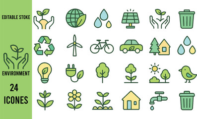 Environment icon collection. Minimalist editable vector stroke.Green Energy and Recycling Icons Editable Stroke Vector. Vector illustration in modern line style.