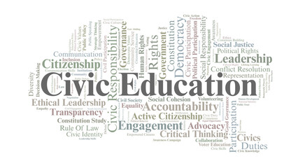 Civic Education Word Cloud. Key Concepts Of Citizenship, Democracy, Rights, And Governance.