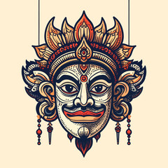 Naklejka premium Vibrant Balinese Mask Illustration of a Traditional Deity with Intricate Details and Ornate Headdress