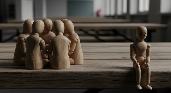 Wooden figure sitting alone while group gathers together, concept of loneliness and social isolation