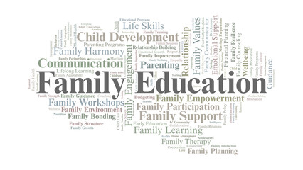 Family Education Word Cloud. Key Concepts On Parenting, Child Development, Family Support, Emotional Growth, Relationship Building, And Lifelong Learning.