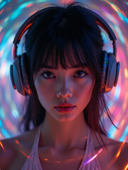 Futuristic woman wearing headphones with colorful neon lights