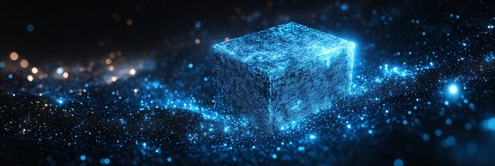 futuristic digital cube in glowing blue particles for technology and innovation concepts