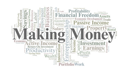 Making Money Word Cloud. Key Terms On Income, Profit, Wealth Creation, Investment, And Financial Growth In Modern Economic Systems.