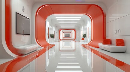 Obraz premium Long, narrow hallway with a red and white color scheme. The walls are white and the floor is red
