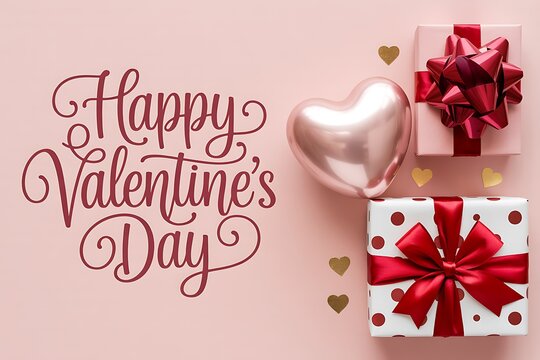 Happy valentines day greeting card with gift boxes and heart balloon isolated on pink background