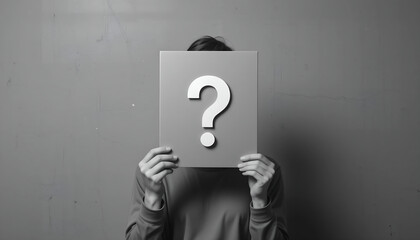 Monochromatic Close-Up of a Person Holding a Gray Sign with a Large White Question Mark Covering Their Face, Concept for Identity Crisis, Anonymity, Uncertainty, FAQ, or Mystery Background Template