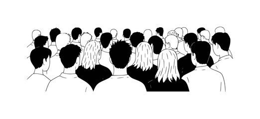Fototapeta premium A Diverse Crowd of People Viewed From Behind in a Minimalist Black and White Illustration