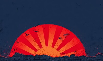 Red and orange sun is rising over a brick wall. The sky is dark blue and the sun is the only bright color in the scene