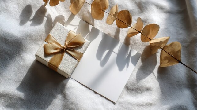 Elegant gift box with gold ribbon and blank card for special occasions
