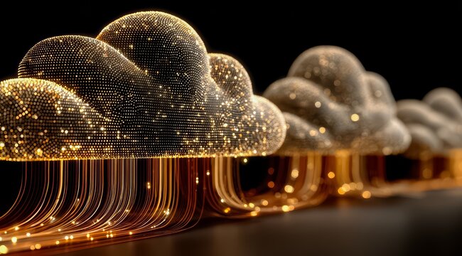 Series of gold and silver clouds are shown in a black background. The clouds are connected by a series of wires