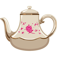 Cream Colored Teapot With Pink Rose Design And Gold Trim On A Transparent Background