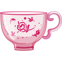 Delicate Pink Tea Cup with Floral Decal Transparent Background Vintage Style Beverage Container For Hot Drinks