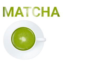 Matcha typography and tea cup on saucer, minimal top view design on transparent background.