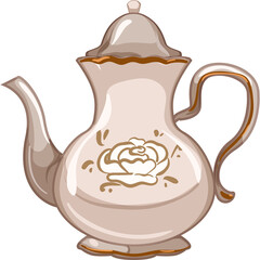 Elegant Ceramic Teapot with Rose Decal and Gold Trim on White Background Vintage Kitchenware Accessory