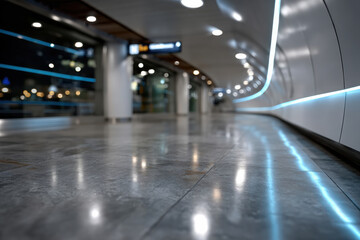 Fototapeta premium This image showcases a sleek, modern architectural space featuring polished floors and dynamic ambient lighting, ideal for capturing contemporary design aesthetics.