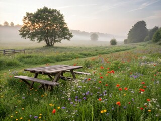 Naklejka premium Rustic Picnic Amidst Wildflower Meadow Morning