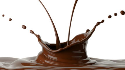 Rich chocolate liquid splash with swirling ripples and flying droplets, dynamic motion