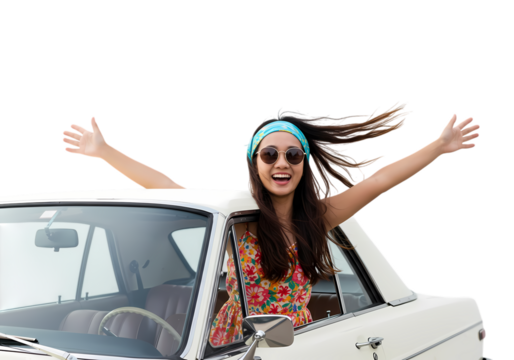 Joyful woman arms outstretched driving classic car