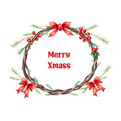 Watercolor Christmas wreath with fir branches, red poinsettia flower with holly leaves, berries and ribbon. Stylish handmade design for holiday cards, invitations, seasonal designs and branding. Festi