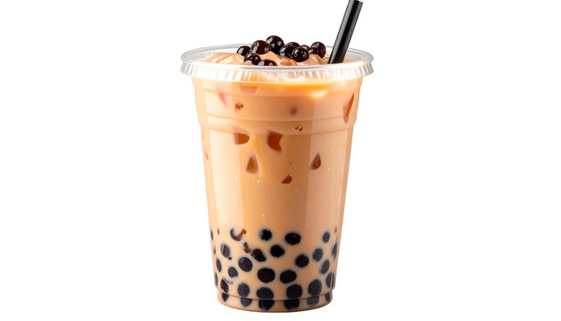 Boba drink tall glass with tapioca pearls & a straw