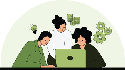 Team working together on laptop flat vector illustration
