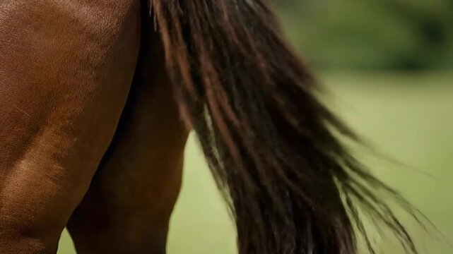 Close Up of Brown Horse Tail Swinging with Greenery Backdrop Equestrian Theme Animal Movement Tail Details Horseback Riding