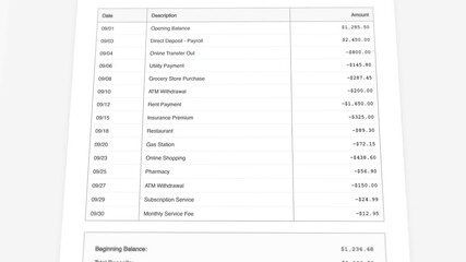 Bank statement with overdraft status and animated transaction counter display