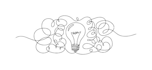 Abstract single line drawing of a lightbulb surrounded by chaotic scribbles, symbolizing ideas