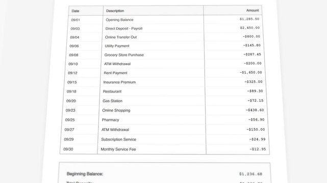 Bank statement with overdraft status and animated transaction counter display