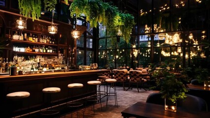 A trendy and stylish indoor bar showcasing vibrant plants, warm lighting, and a welcoming and cozy atmosphere