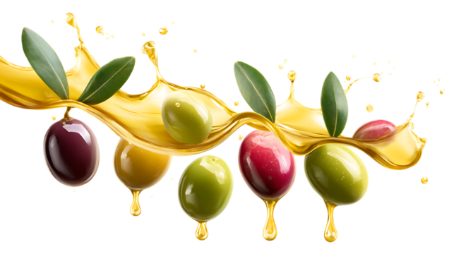 Assorted olives with green leaves and splashing olive oil on transparent background