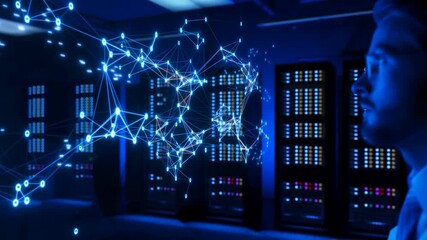 A scientist observes a digital network visualization emerging from data servers, illuminating the potential of advanced technology and innovative research. - Powered by Adobe