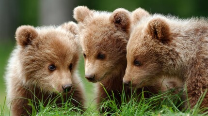 Obraz premium Three curious baby bears explore their vibrant green surroundings. They playfully interact with each other, showcasing their playful nature in a peaceful natural setting