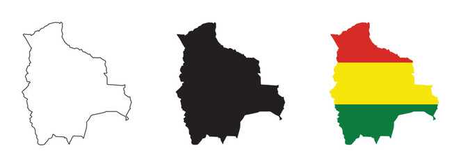 Obraz premium Bolivia map vector set with editable country outline black silhouette and national flag design featuring red yellow green horizontal stripes isolated on white background for geography and education