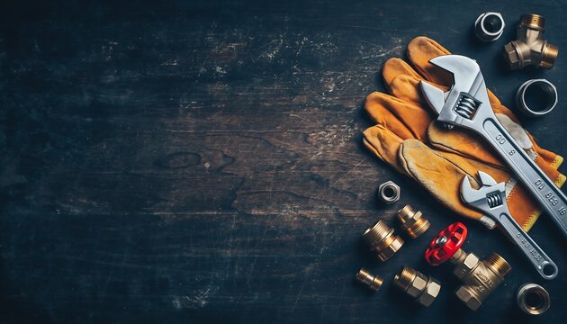 Gloves, wrench, and plumbing fittings lie on rustic wooden surface