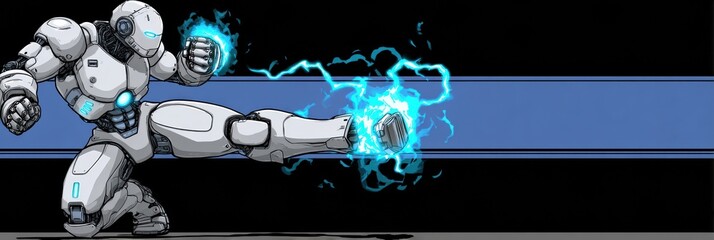 Dynamic Robotic Figure Delivering a Powerful Kick With Electric Energy in a Stylized Design