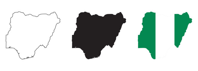 Nigeria map vector set with editable country outline black silhouette and national flag design featuring green white green vertical stripes isolated on white background for geography