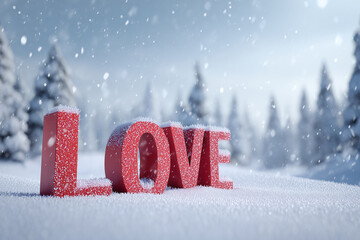 Festive Red "LOVE" Word Sign in a Snowy Winter Landscape - Christmas and Valentine's Day Concept