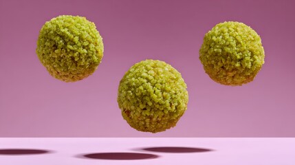 Fototapeta premium Three green balls are floating in the air above a pink background. The balls are made of a crunchy, grainy material and appear to be a type of snack or dessert. The image has a playful