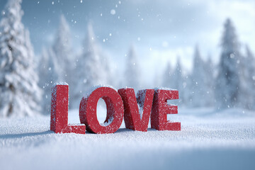 Festive Red "LOVE" Word Sign in a Snowy Winter Landscape - Christmas and Valentine's Day Concept
