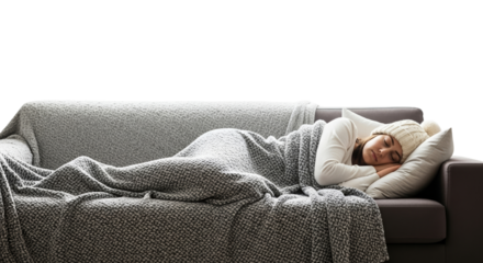 Young woman sleeping on couch with blanket during indoor winter sleep  isolated on a transparent background 