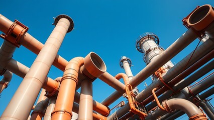 Geometric industrial structures against a clear blue sky, symbolizing modern energy concepts.