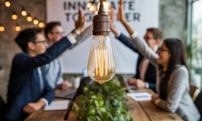 Business Team Meeting in Modern Conference Room with Glass Light Bulb and Green Plants