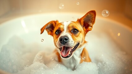 Playful dog surrounded by soap bubbles in bathtub, warm lighting creating cheerful atmosphere.