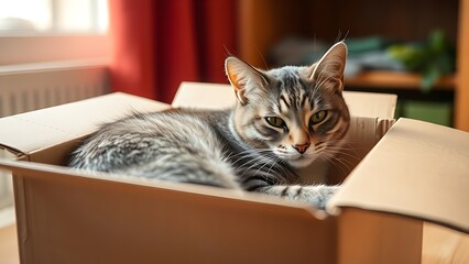 A gray tabby cat resting comfortably inside a cardboard box in a warm home setting.