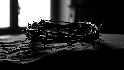 A symbolic crown of thorns resting on a dark surface, representing Christian sacrifice and devotion.
